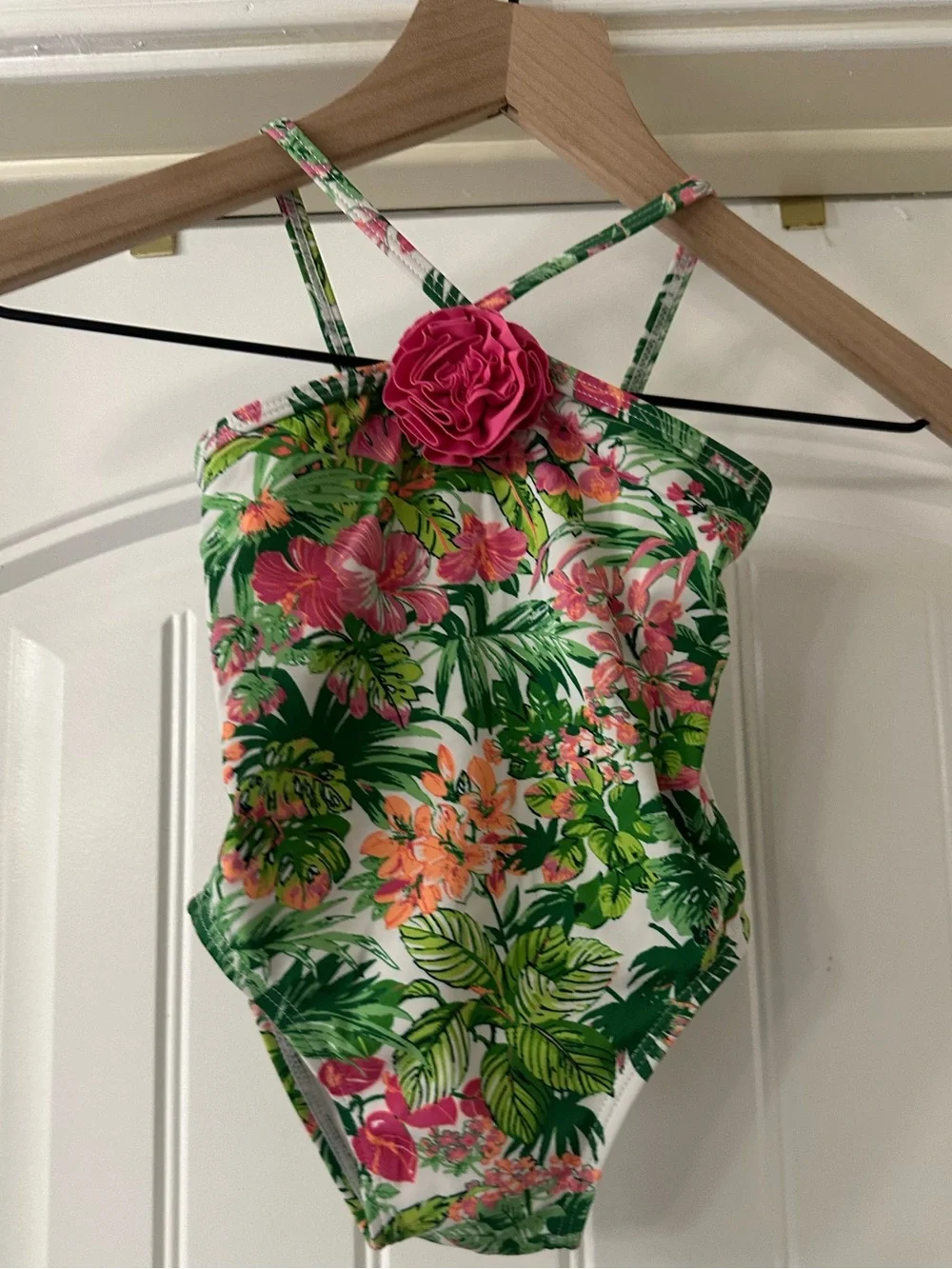 Janie and Jack Floral One-Piece Swimsuit with pink Rosette 18 to 24 m EUC